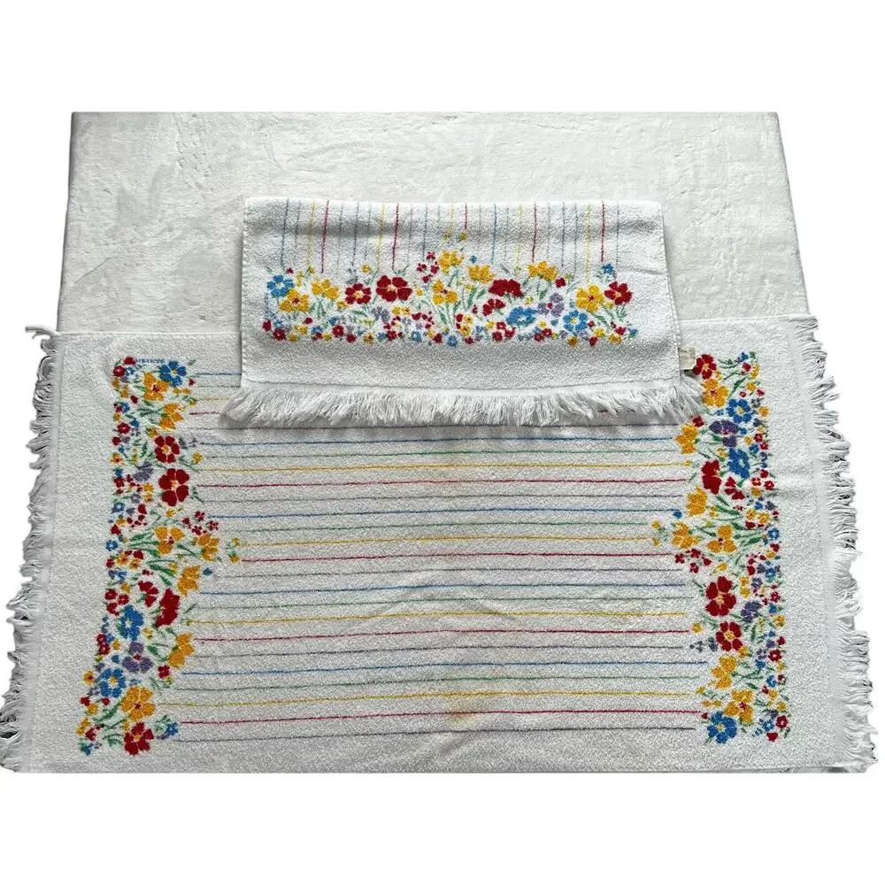 Cannon Vintage Floral Striped Bath Towel Set  Red Yellow White USA